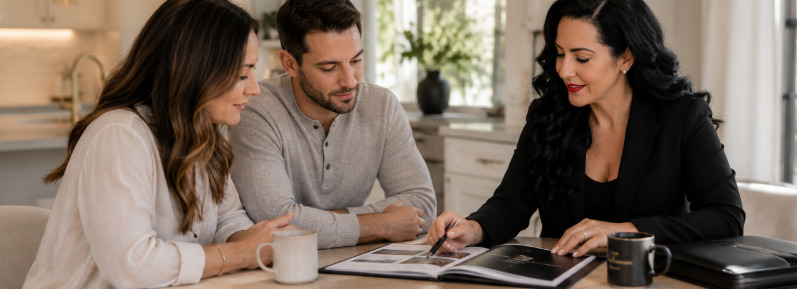 Morgan Antonucci-Zanders reviewing a marketing plan with sellers at a kitchen table