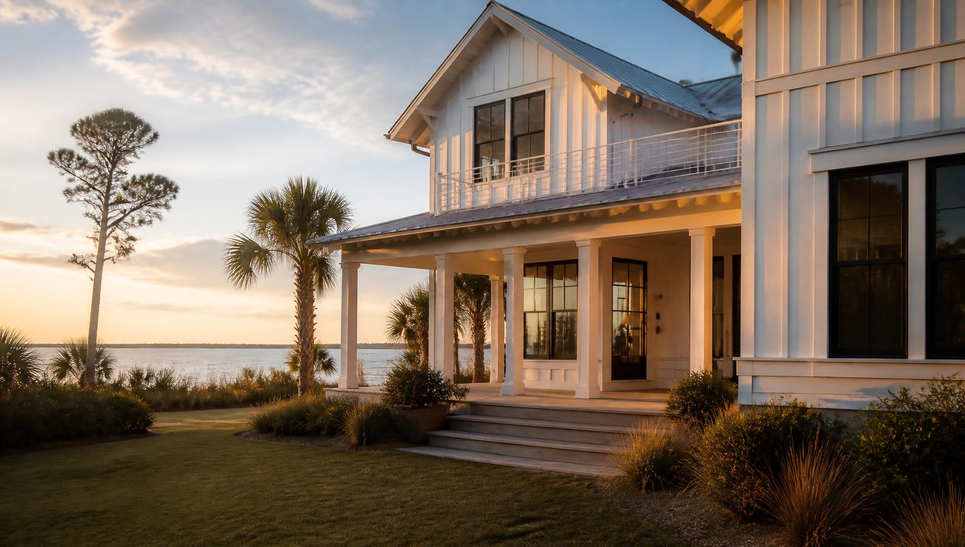 Sunlit coastal home at golden hour in Northwest Florida